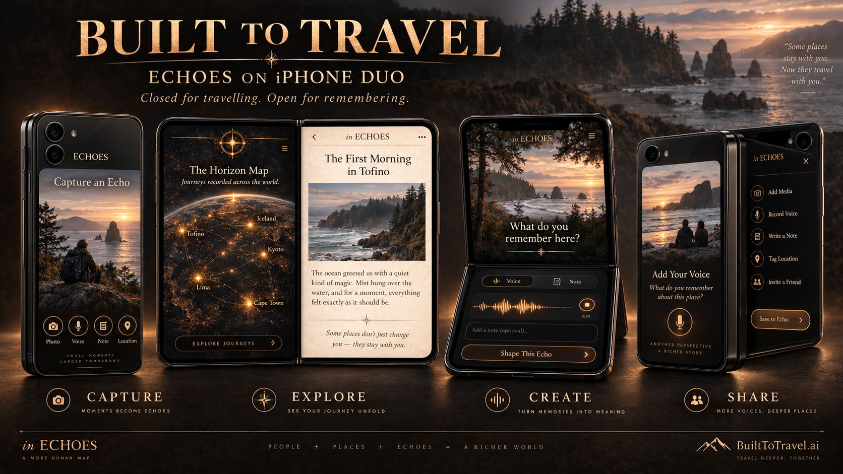 BuiltToTravel across folded and open iPhone Duo modes for capturing, exploring, creating, and sharing journeys