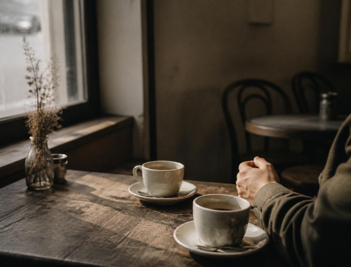 Two cups of coffee on a worn wooden table beside a café window
