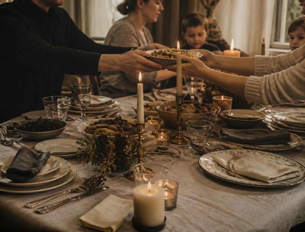 Hands passing a dish across a candlelit family table
