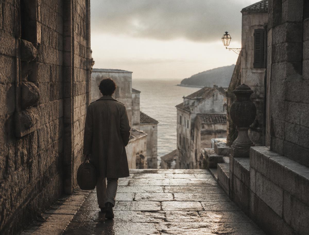 A traveller walking down old stone steps toward the sea at dawn