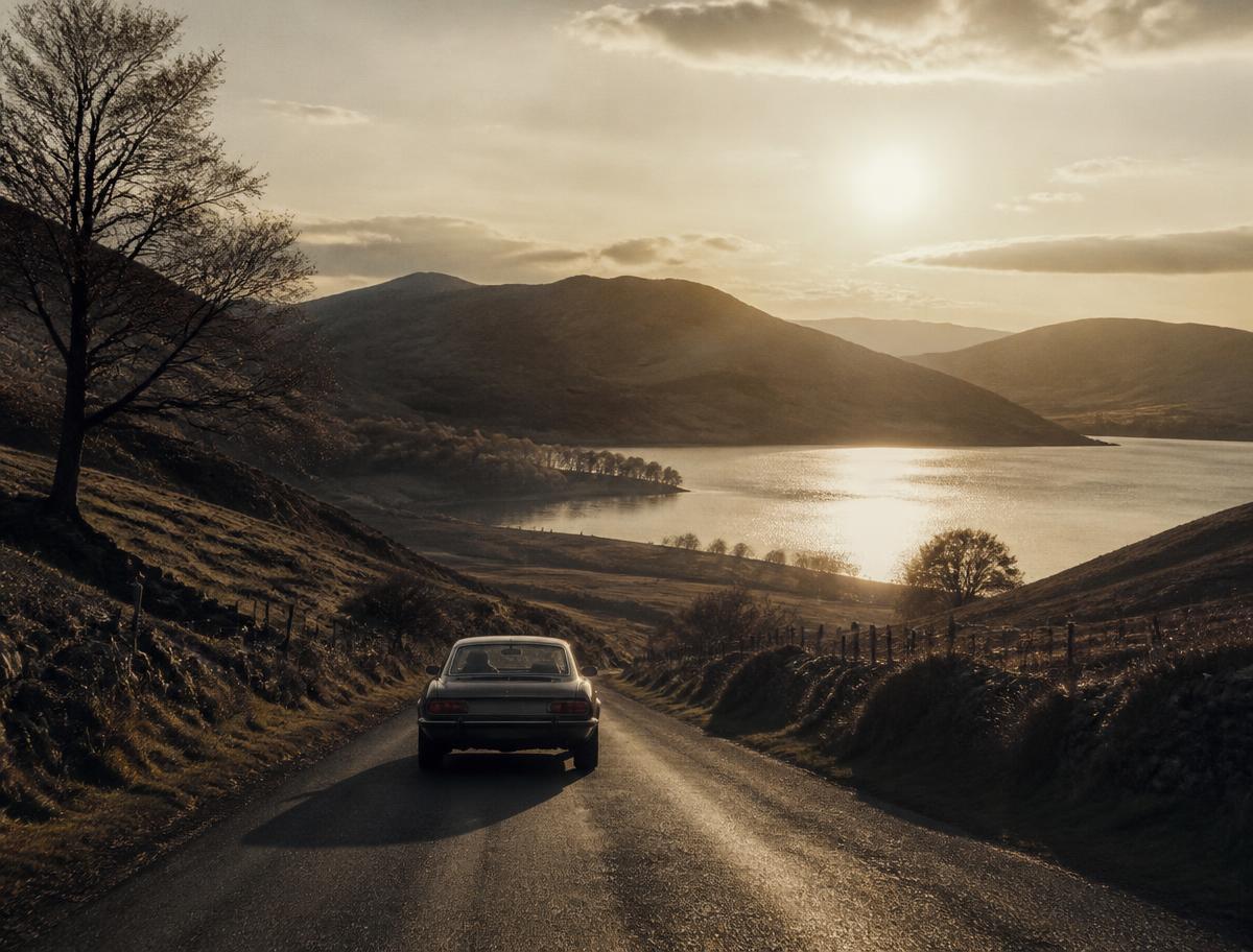 A car on a country road heading toward a lake at golden hour