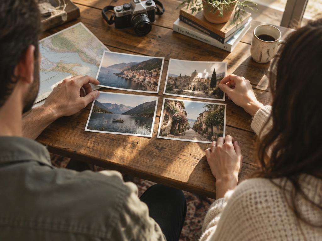 Two people laying printed photographs out across a wooden table