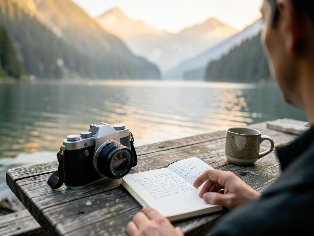 Hands holding a camera beside a worn notebook at a lakeside table