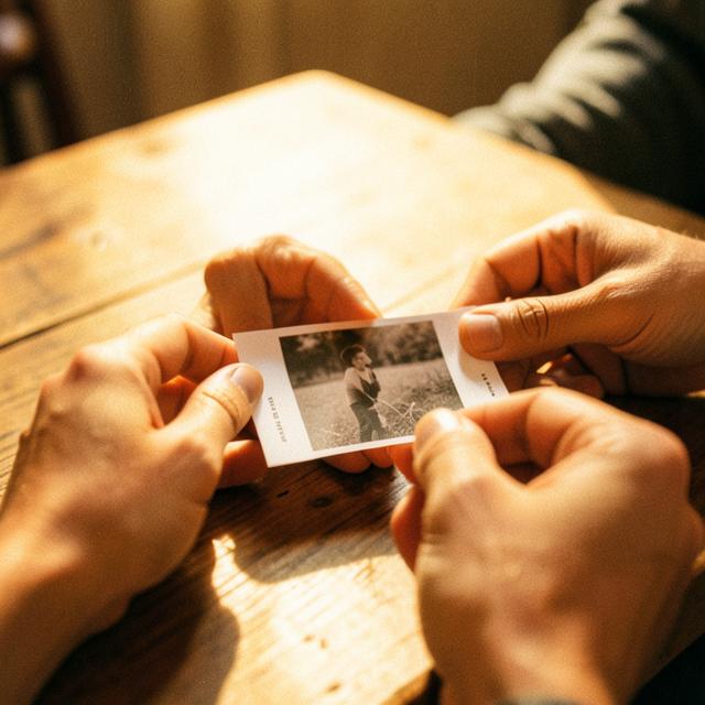 Two hands passing a printed photograph across a wooden table