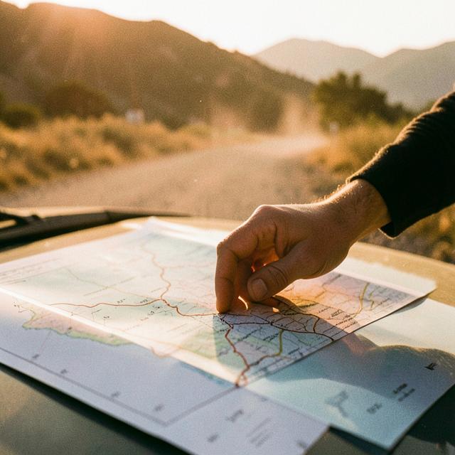 A hand tracing a route across a folded paper map at golden hour