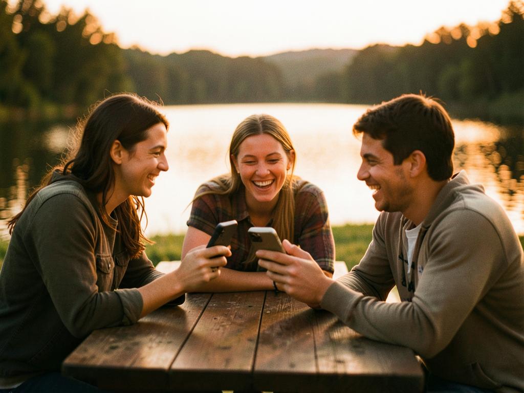 Three friends laughing around a table by a lake at golden hour
