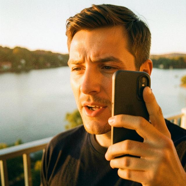 A man recording a voice note on a lakeside balcony at sunset